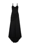 A black high-low midi dress with thin shoulder straps, a sweetheart neckline, and a draped ruched bodice, shown against a plain white background.