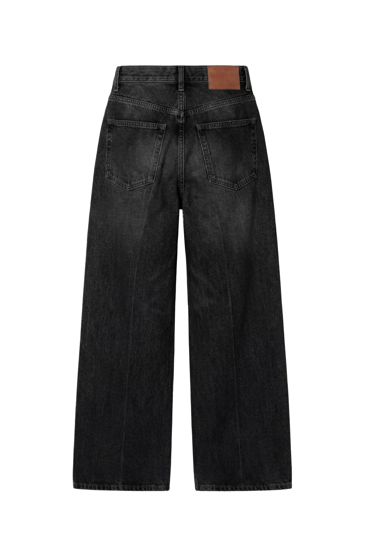 Black washed denim wide-leg jeans shown from the back, featuring a brown leather brand patch on the back waistband, set against a plain white background.