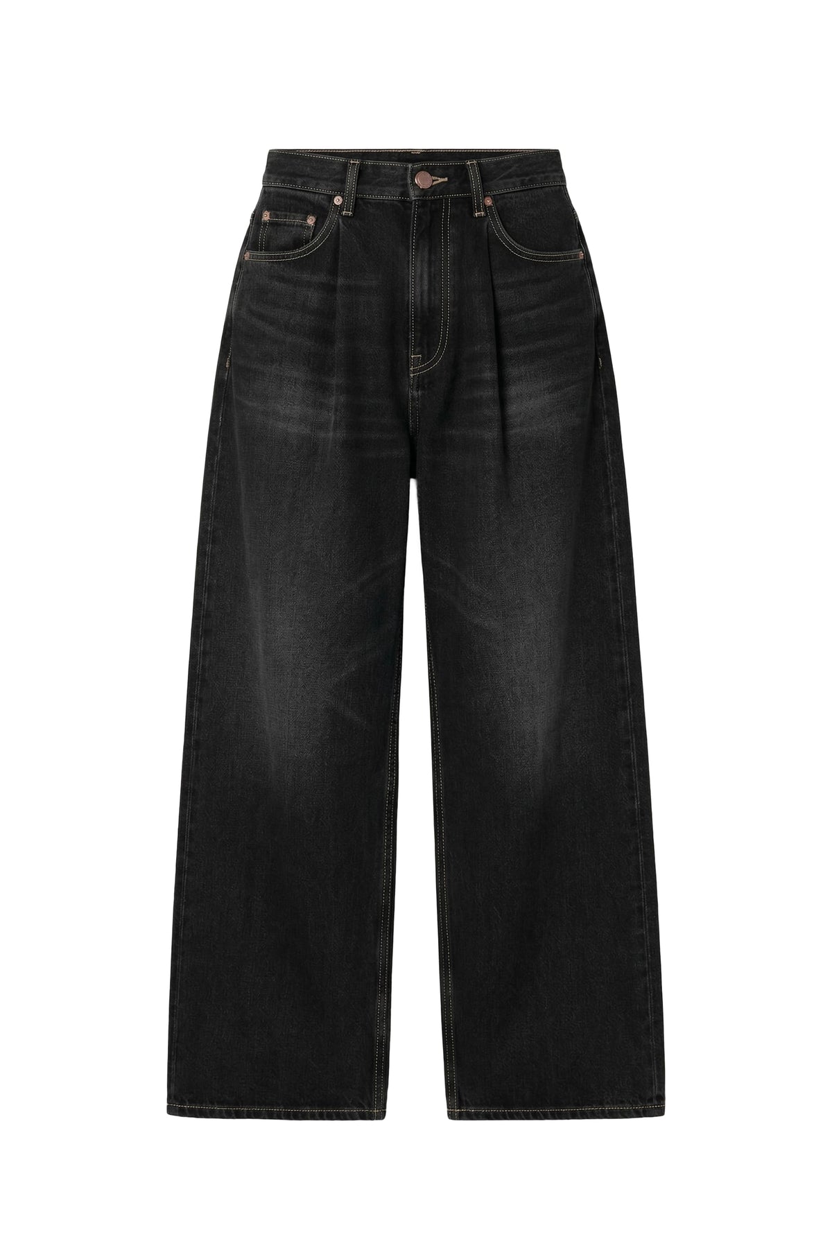 Black wide-leg denim jeans with a high waist and front pleats, shown flat against a white background.