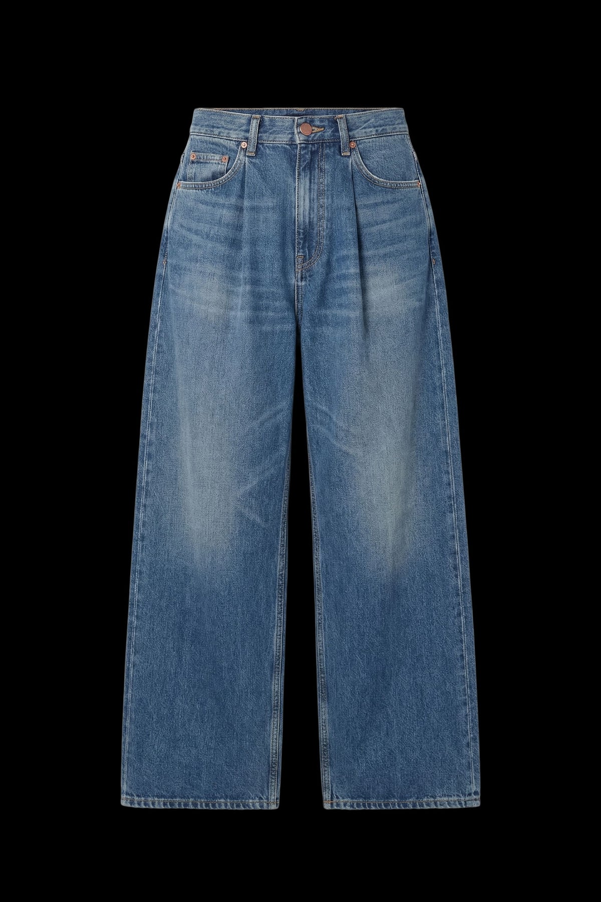Light blue wide-leg denim jeans with a high waist and front pleats, shown flat against a solid black background.