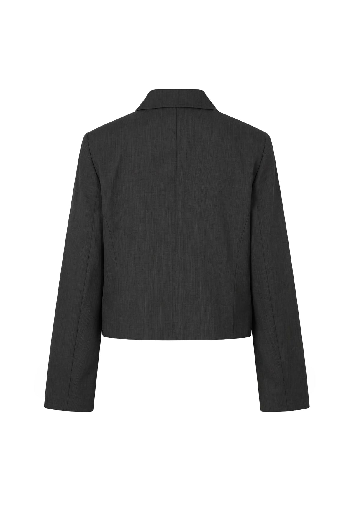 A dark charcoal gray cropped blazer shown from the back, featuring long sleeves and a structured collar, displayed on a clean white background.