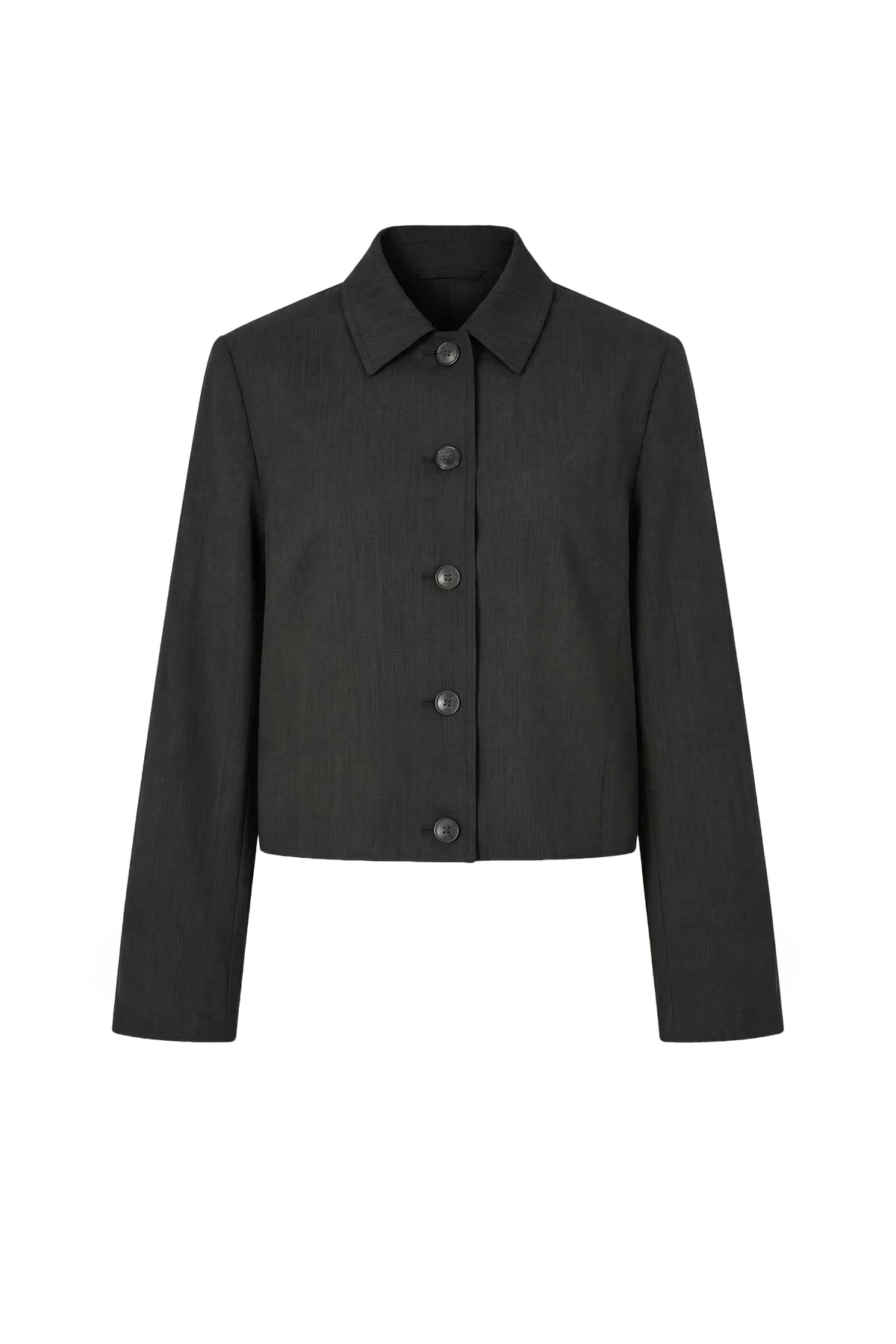 A dark charcoal gray cropped jacket with a pointed collar and four front buttons, displayed on a clean white background.