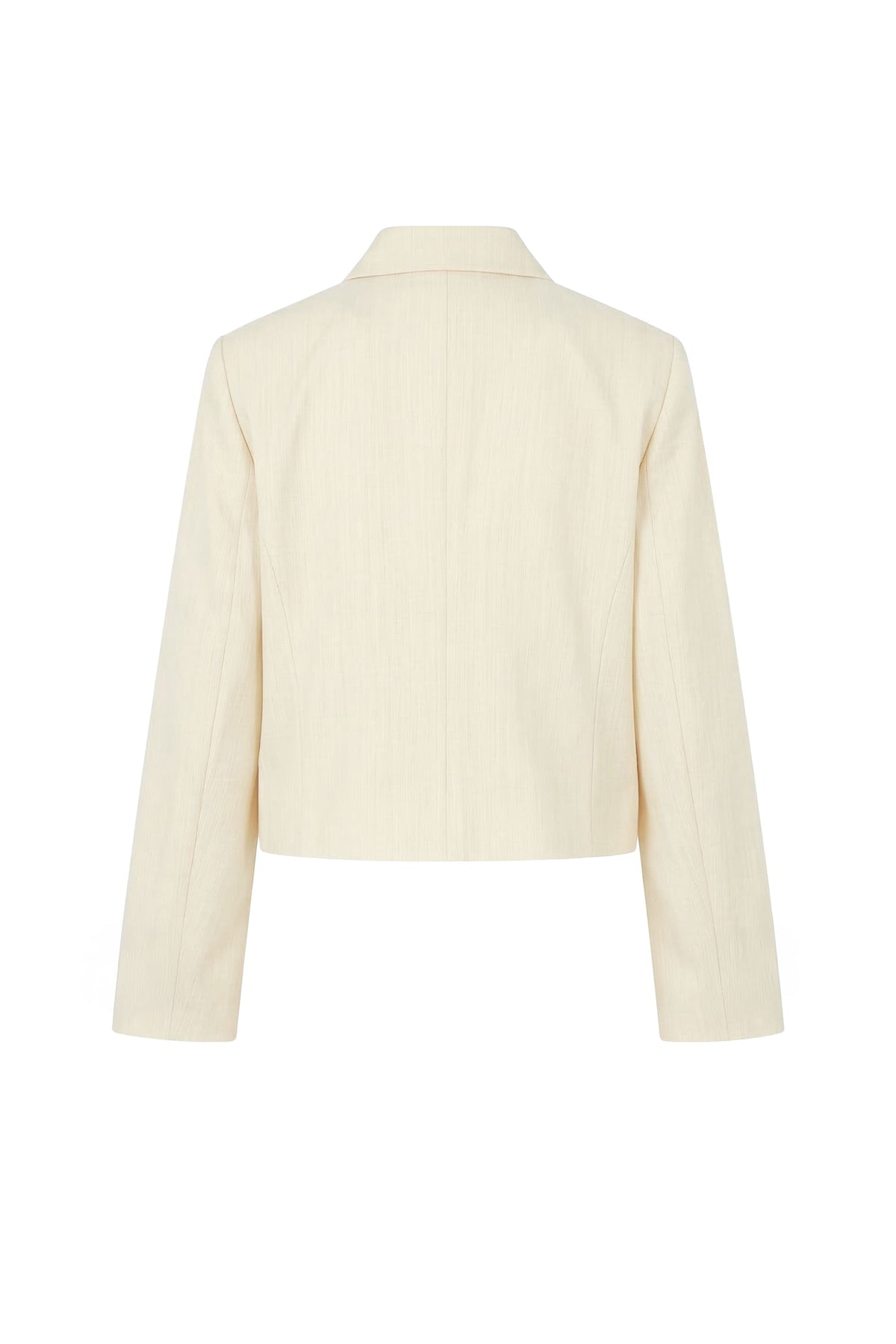A cropped, long-sleeve blazer jacket in a light cream or off-white color, shown from the back against a plain white background.