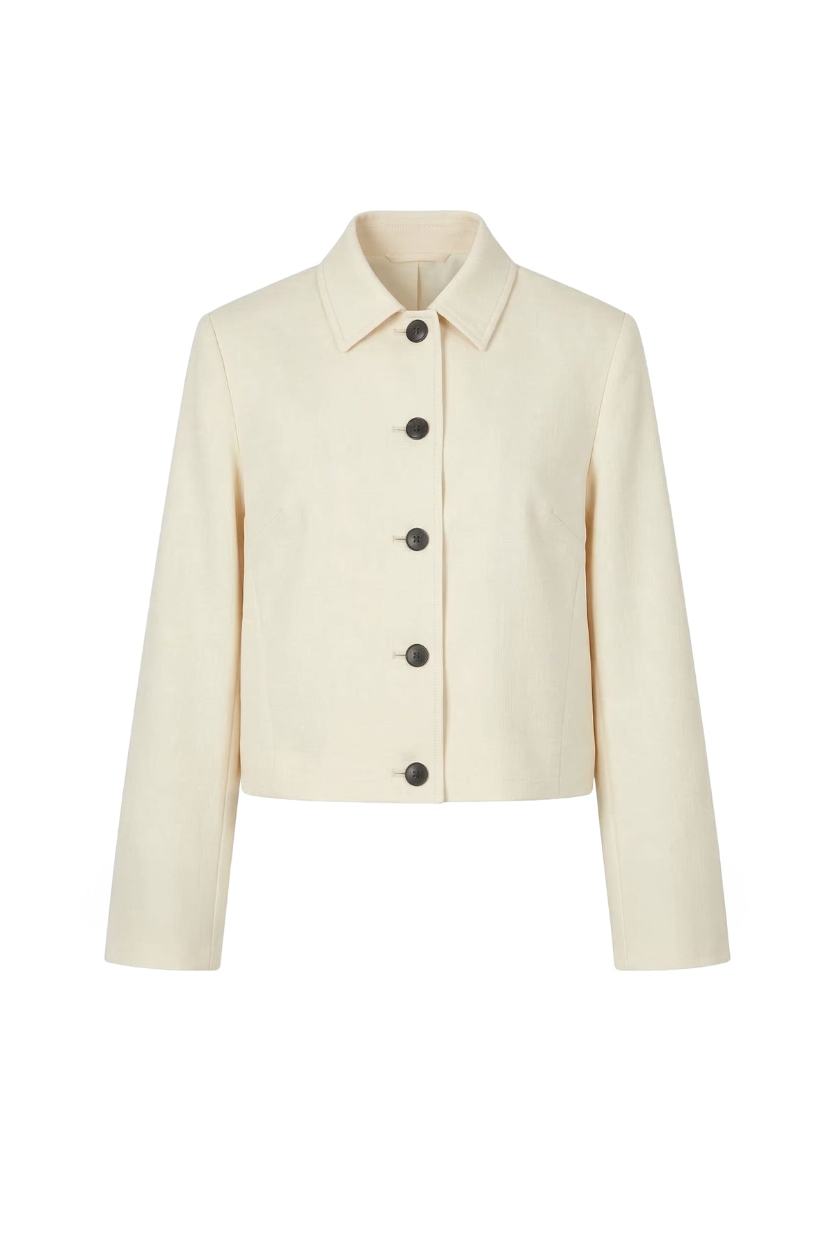 A cropped cream-colored jacket with a pointed collar, long sleeves, and a front button closure, shown against a plain white background.