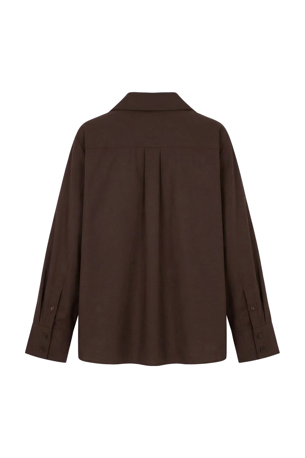 A dark brown long-sleeve button-up shirt shown from the back, featuring a subtle vertical pleat down the center back, displayed on a clean white background.