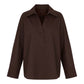 A dark brown long-sleeve collared blouse with a split V-neckline, displayed on a clean white background.