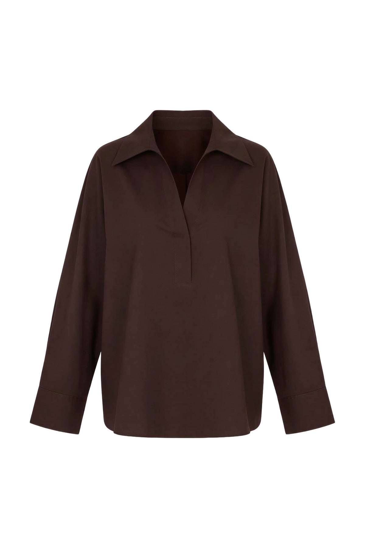 A dark brown long-sleeve collared blouse with a split V-neckline, displayed on a clean white background.