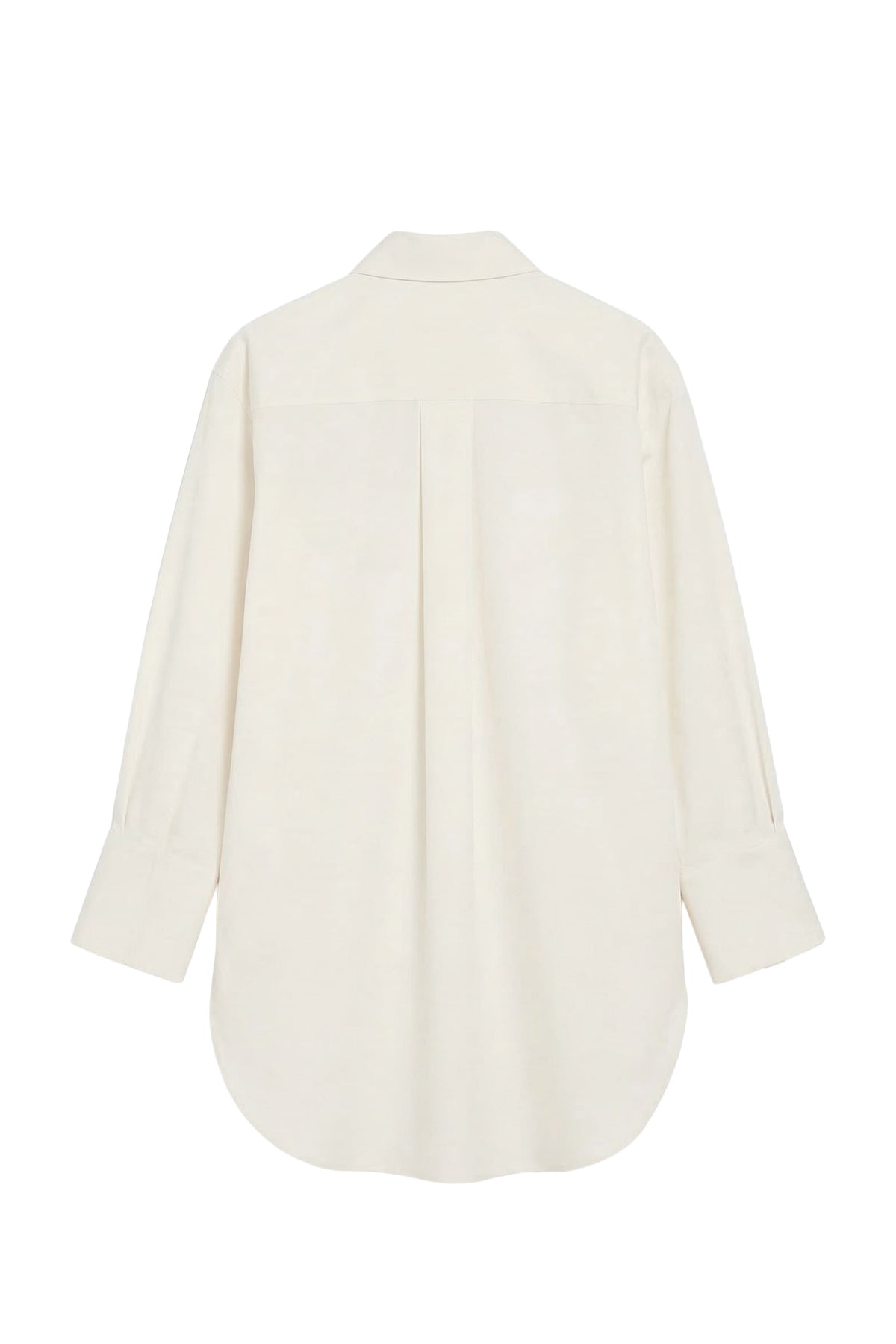 An off-white long-sleeve button-up shirt shown from the back, featuring a subtle vertical pleat down the center back and a relaxed silhouette, displayed on a solid white background.