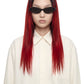 A model with long, straight black-to-red ombre hair wearing a cream button-up shirt and black sunglasses, photographed against a solid white background.