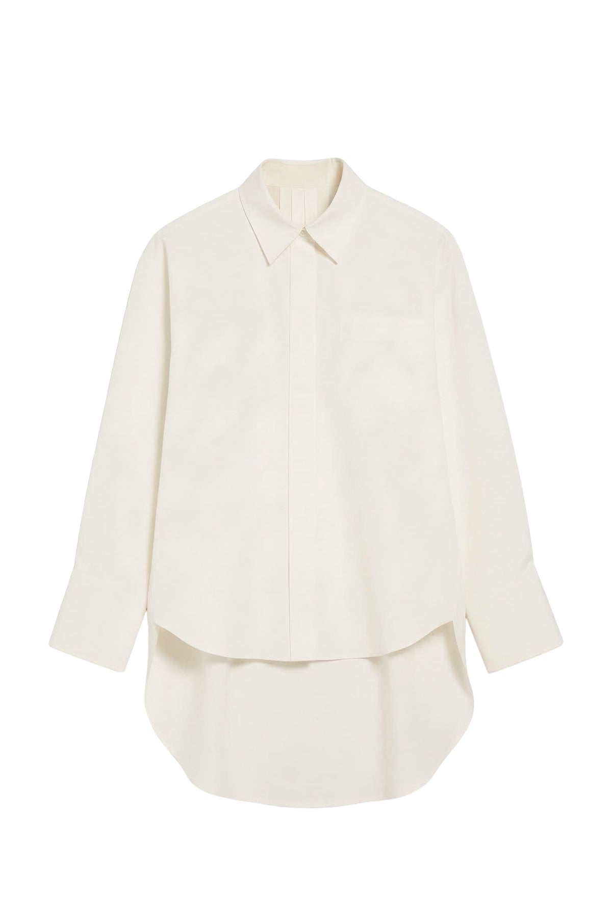 An off-white long-sleeve button-up shirt with a high-low hem and a single chest pocket, displayed on a clean white background.