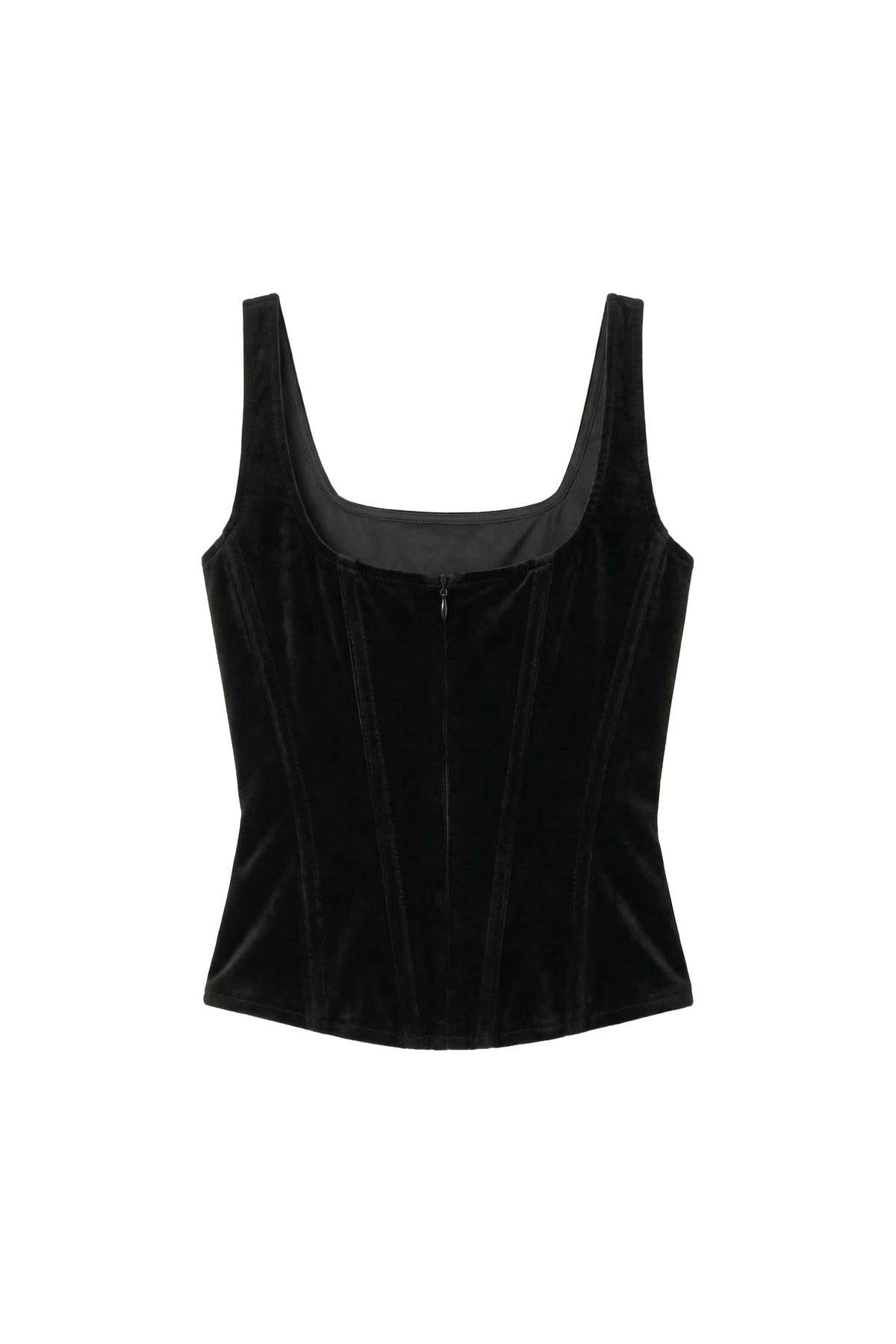 A black velvet corset-style camisole top with a square neckline and wide shoulder straps, shown against a plain white background.