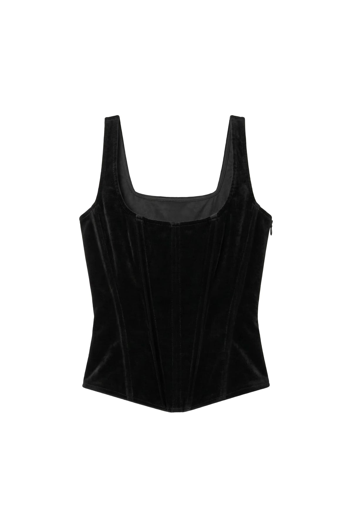 A black velvet corset-style camisole top with a square neckline and wide shoulder straps, shown against a plain white background.