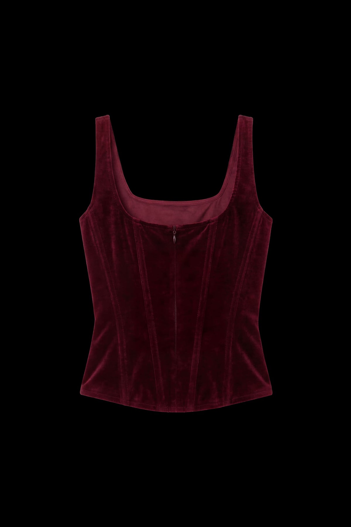 A deep burgundy velvet corset-style tank top with a square neckline and front zipper, shown against a solid black background.