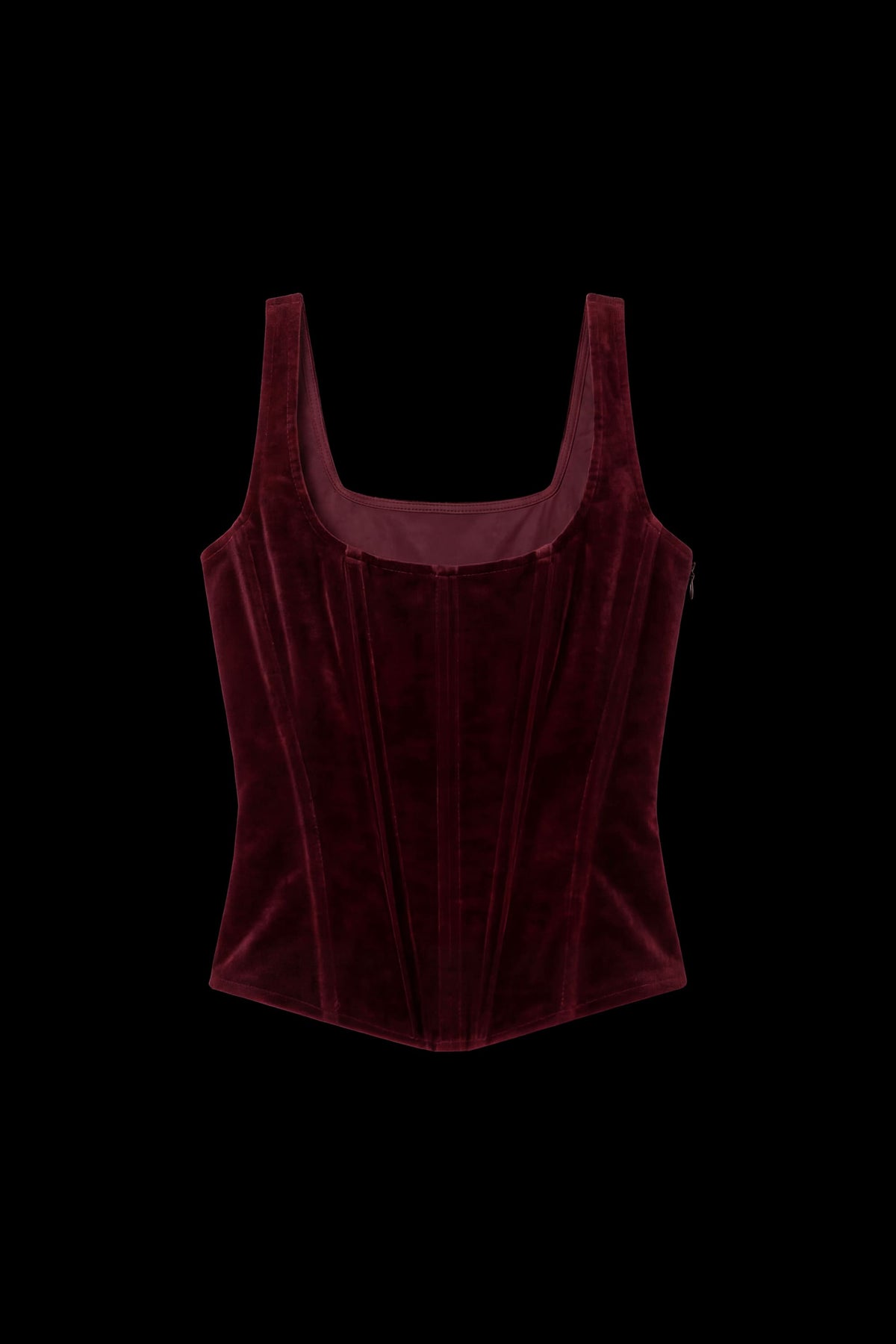 A deep burgundy velvet corset-style top with a square neckline and wide shoulder straps, shown against a solid black background.
