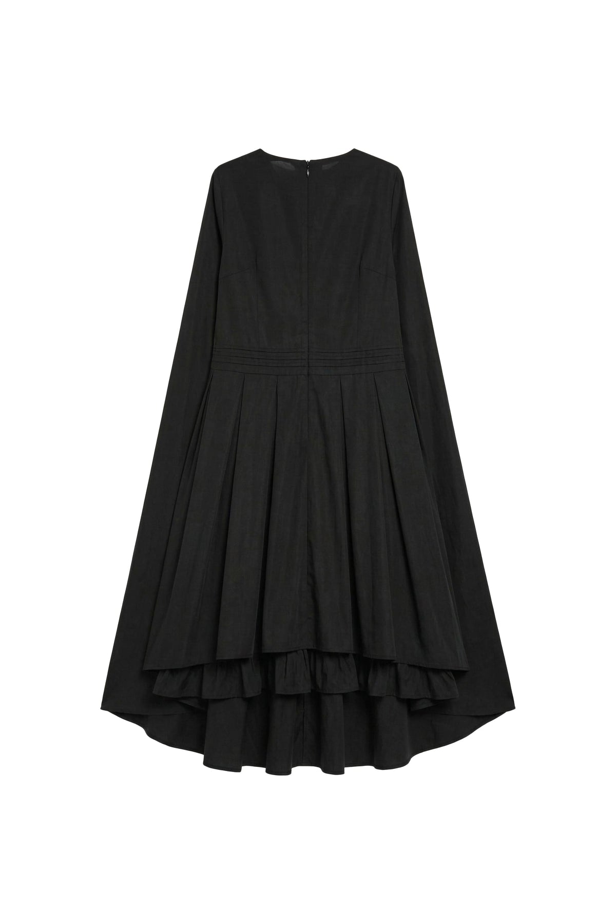 A black long-sleeve midi dress with a high-low ruffled hem, shown against a plain white background.