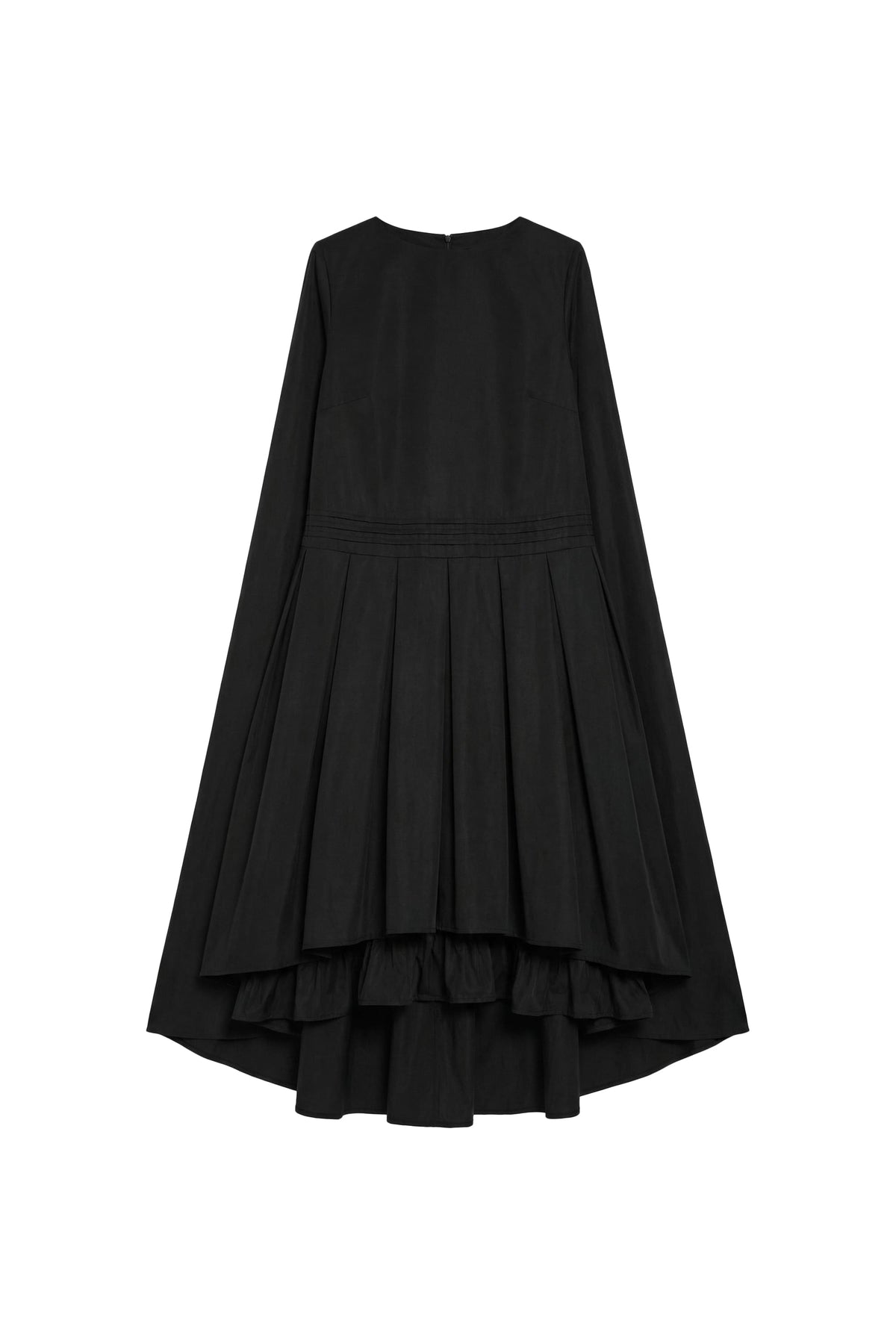 A black long-sleeve midi dress with a high-low tiered hem, shown flat against a solid white background.