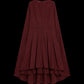 A long-sleeved, high-low tiered dress in a deep burgundy red, shown against a solid black background.