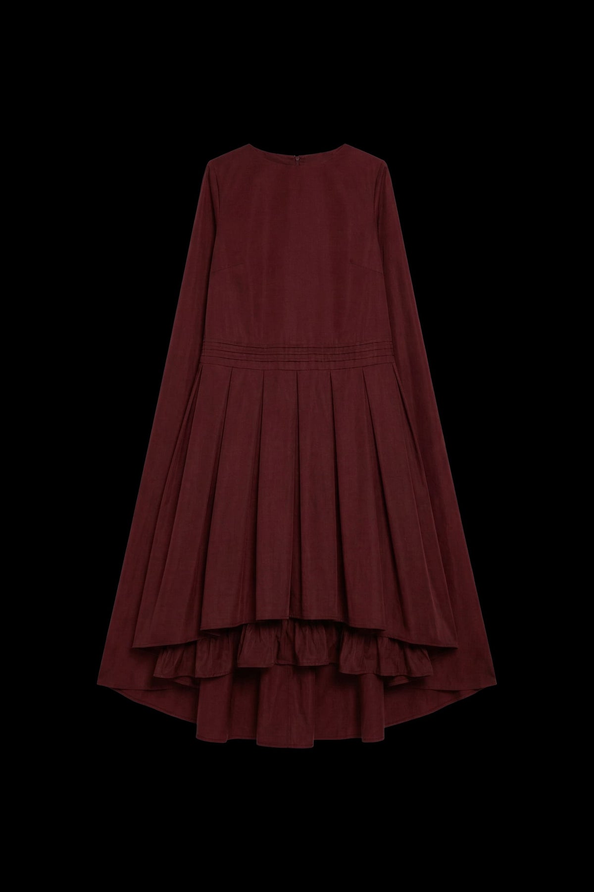 A long-sleeved, tiered midi dress in a deep burgundy or maroon color, displayed against a solid black background.