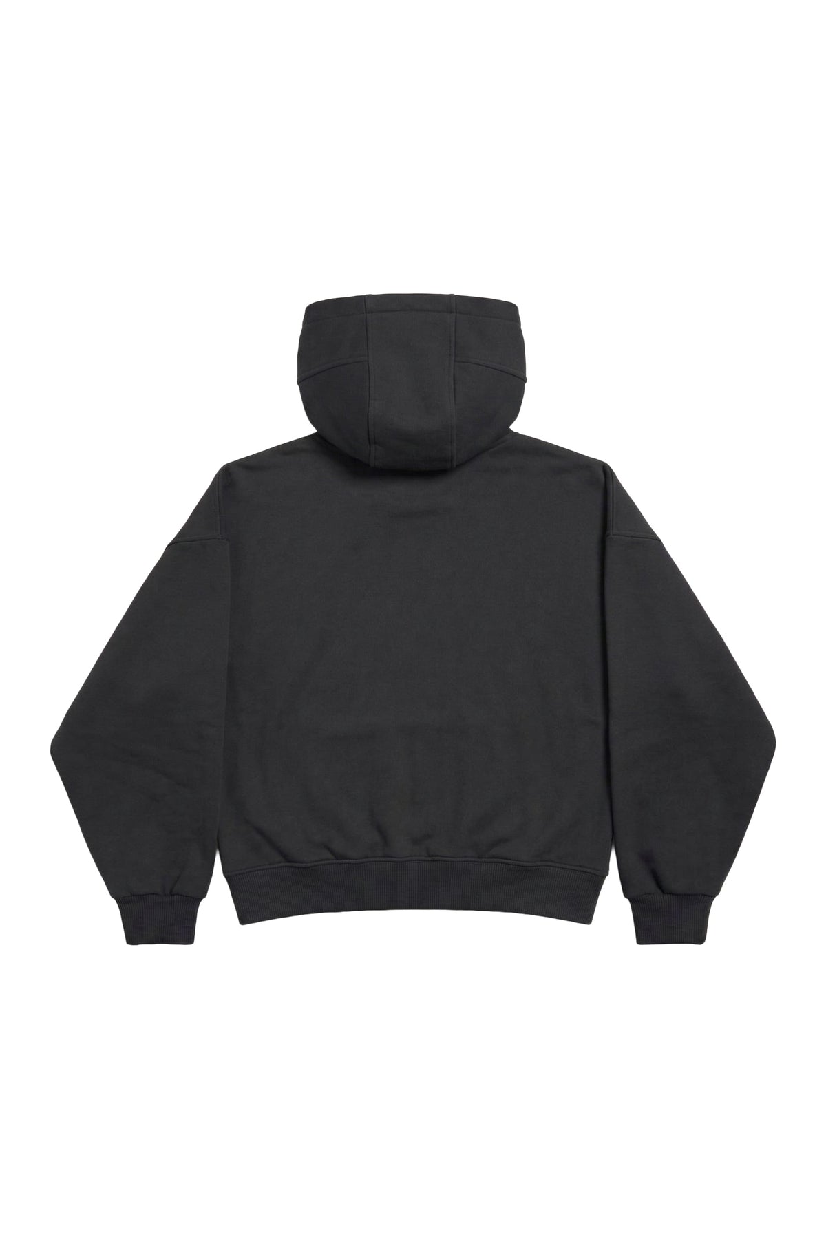 A black pullover hoodie shown from the back, featuring a large hood and ribbed cuffs and hem, photographed against a solid white background.