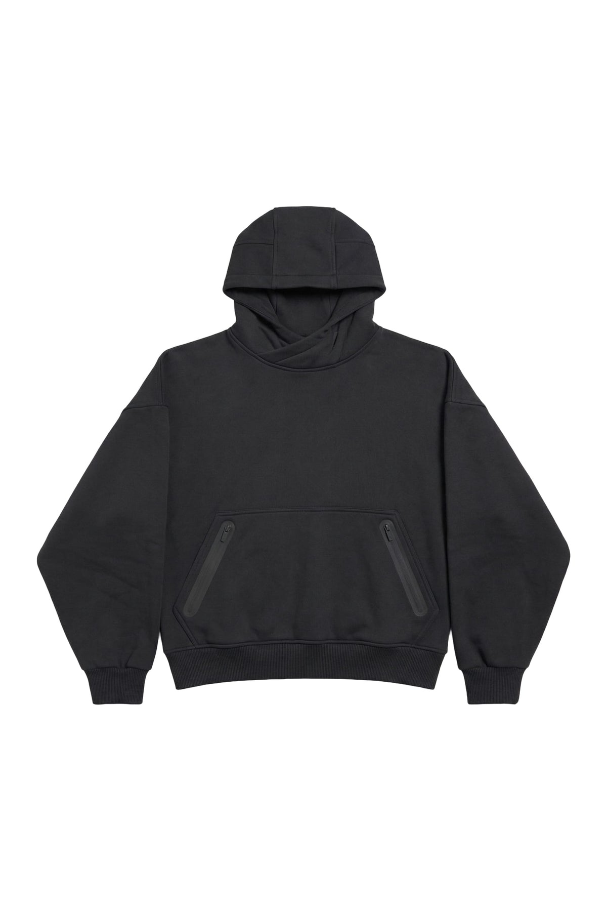 A black pullover hoodie with a front kangaroo pocket featuring two vertical zippered compartments, displayed on a clean white background.