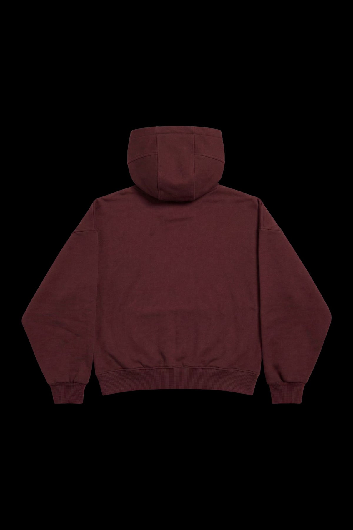 A dark burgundy hooded sweatshirt shown from the back, photographed against a solid black background.