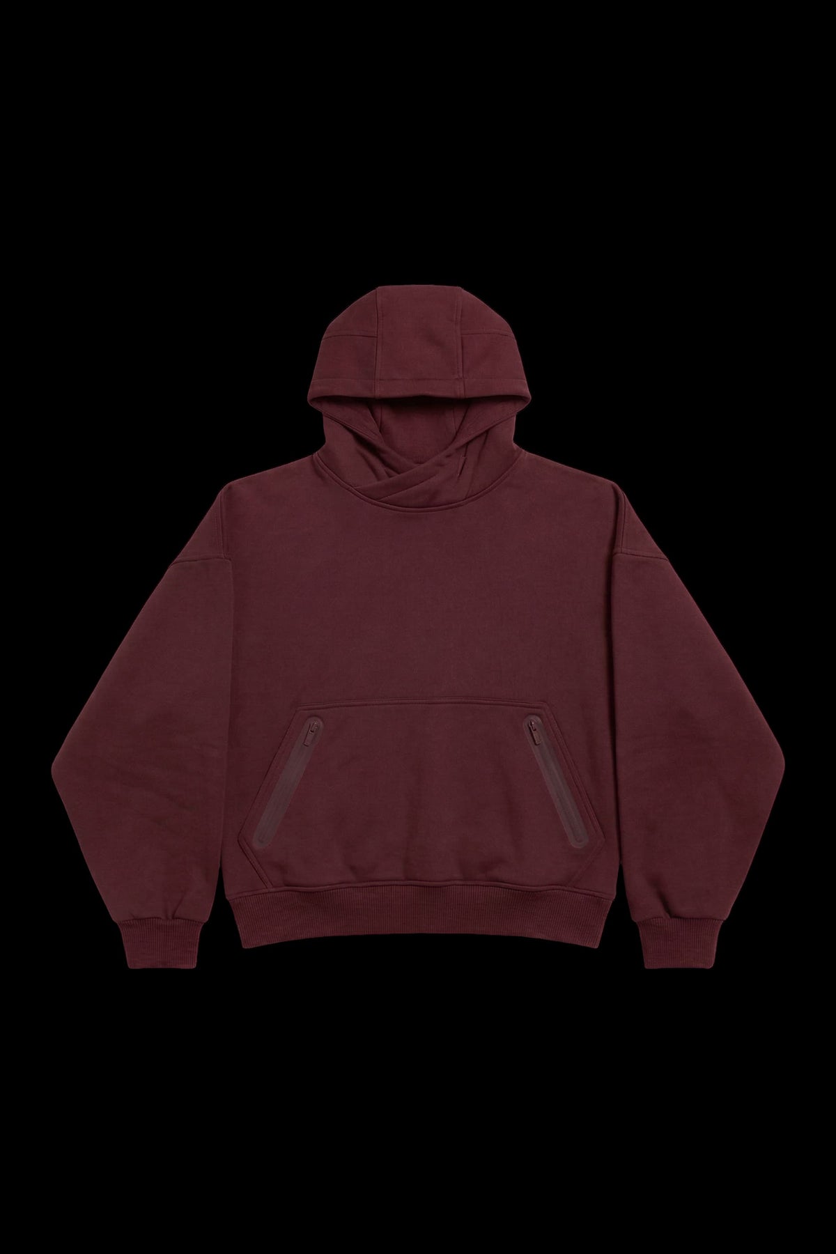 A dark burgundy pullover hoodie with a front kangaroo pocket and subtle tonal side details, displayed against a solid black background.