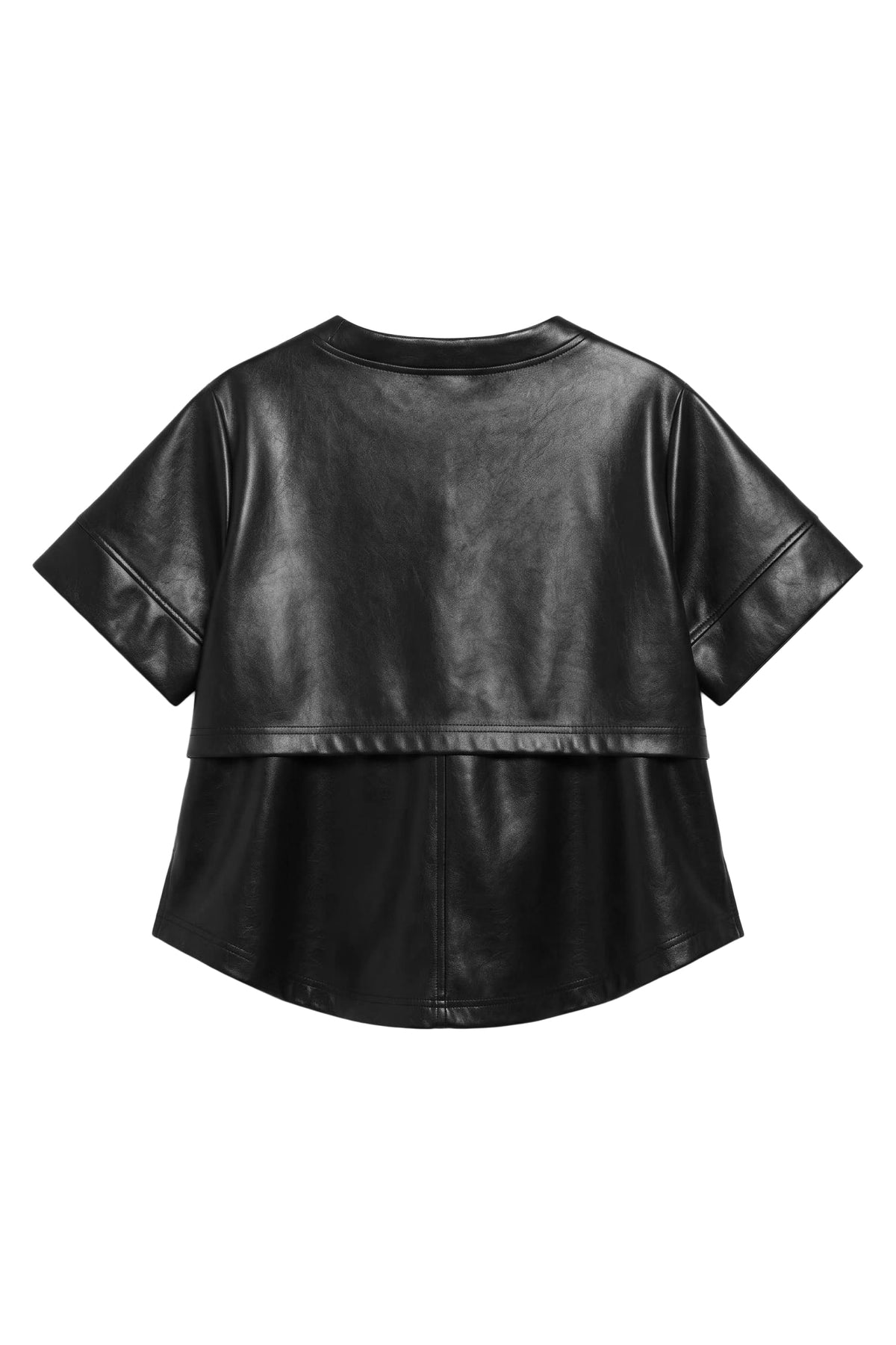 A black faux-leather cropped short-sleeve top with a layered, ruffled hem, shown from the back on a plain white background.