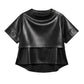 A black faux-leather short-sleeve crop top with a layered ruffle hem and contrast stitching, shown flat on a white background.