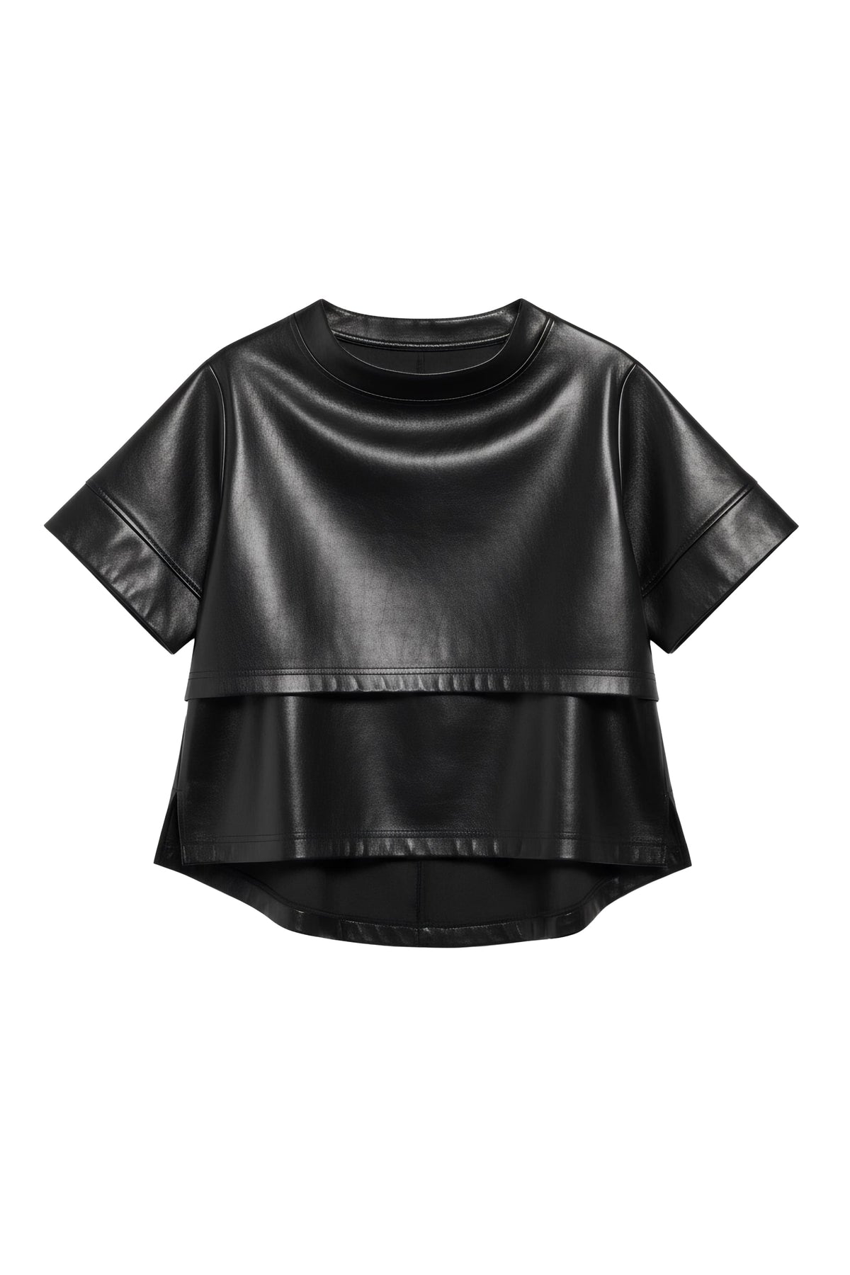 A black faux-leather short-sleeve crop top with a layered ruffle hem and contrast stitching, shown flat on a white background.