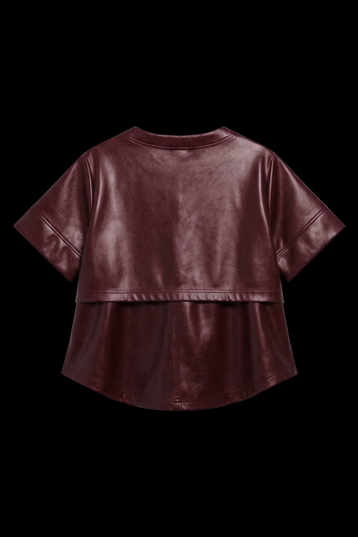A short-sleeve cropped faux leather top in a deep burgundy color, shown from the back against a solid black background.