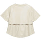 A cream-colored short-sleeve top with a layered, ruffled hem, shown from the back against a plain white background.