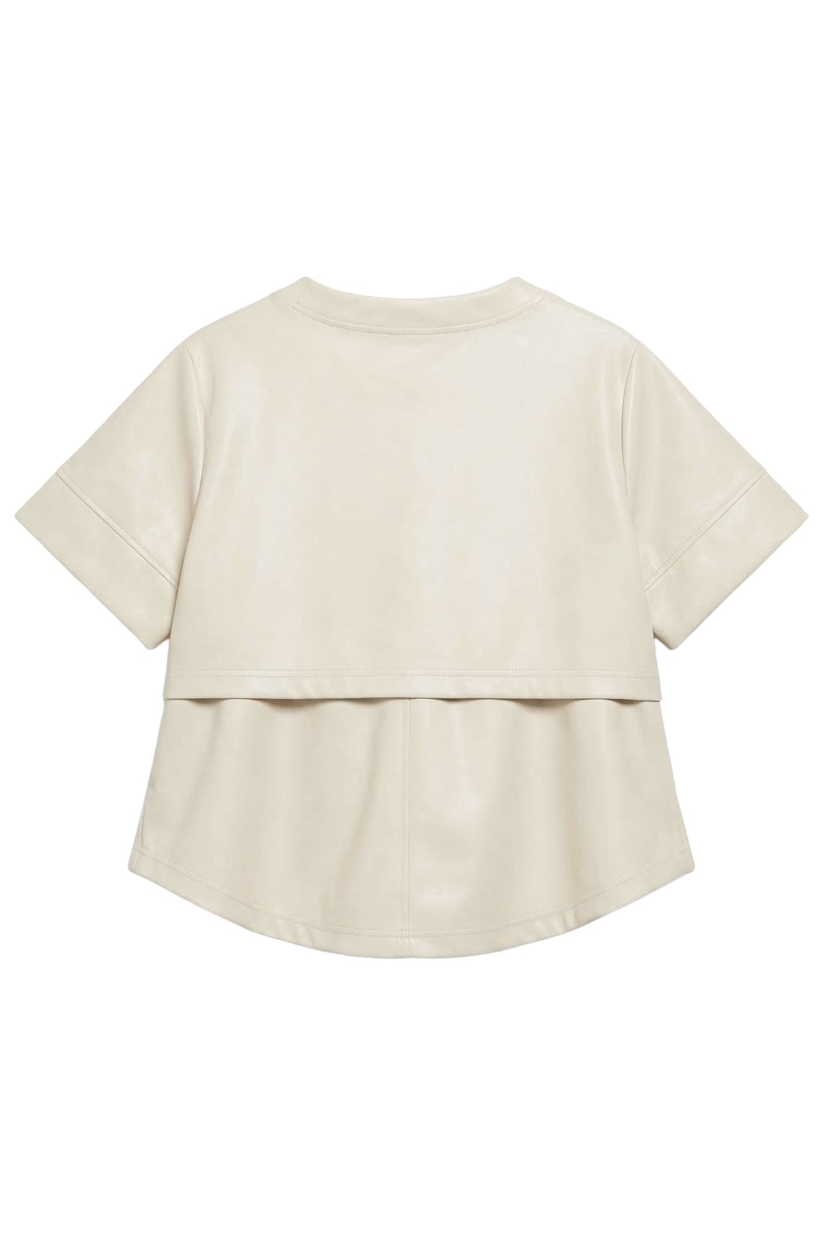 A cream-colored short-sleeve top with a layered, ruffled hem, shown from the back against a plain white background.