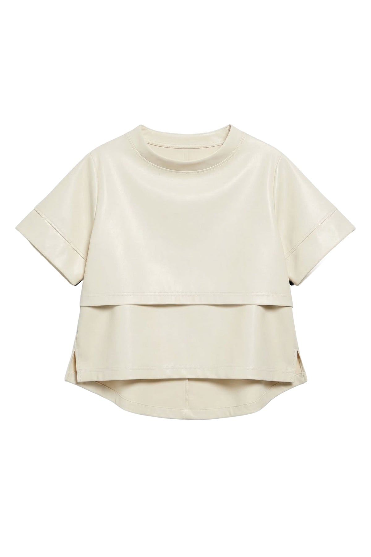 An off-white short-sleeve top with a layered, asymmetrical hem design, displayed on a clean white background.