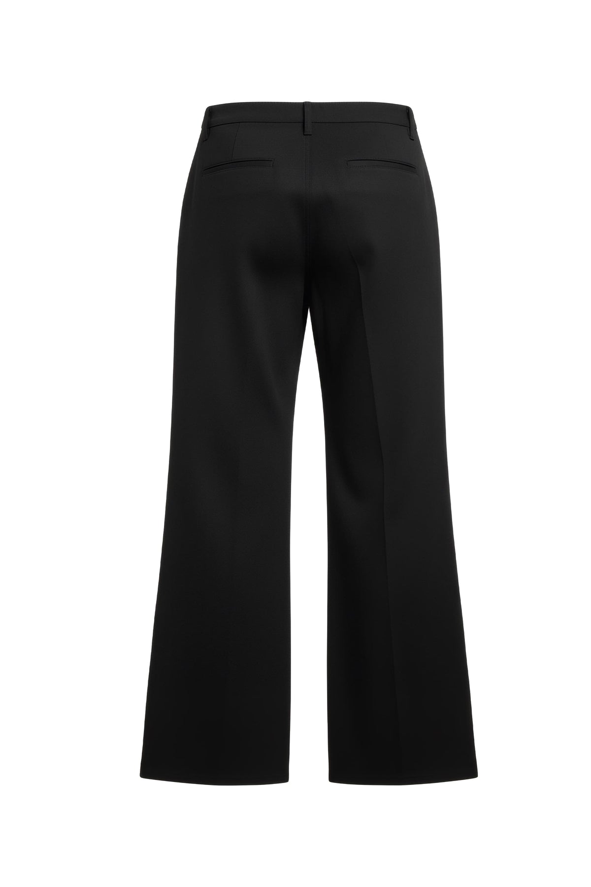 Black wide-leg cropped trousers shown from the back, featuring a structured waistband and front welt pockets, on a solid white background.