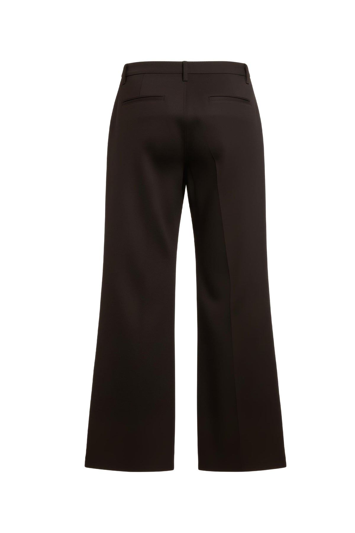 A pair of dark brown wide-leg trousers shown from the back, featuring a flat waistband and two rear patch pockets, set against a plain white background.