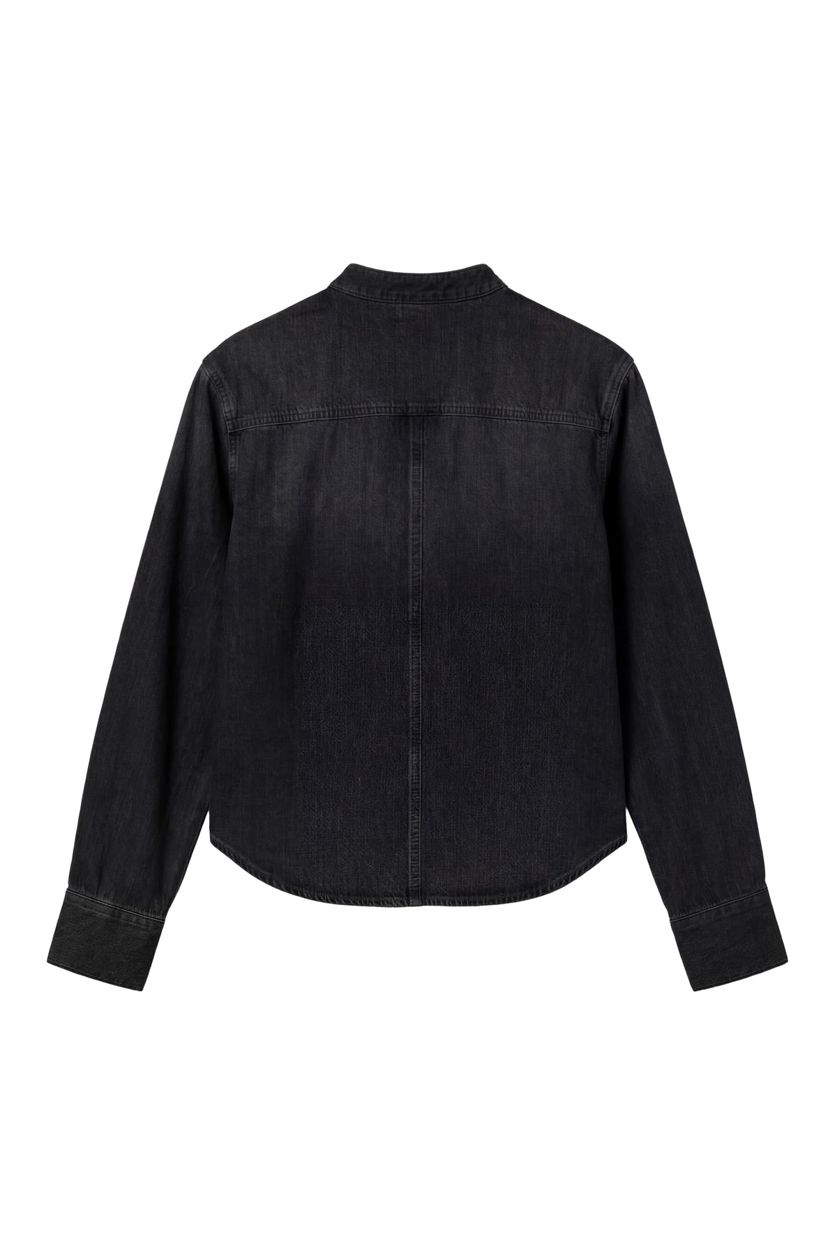 A black denim long-sleeve shirt jacket shown from the back, featuring a curved hem and buttoned cuffs, displayed on a solid white background.
