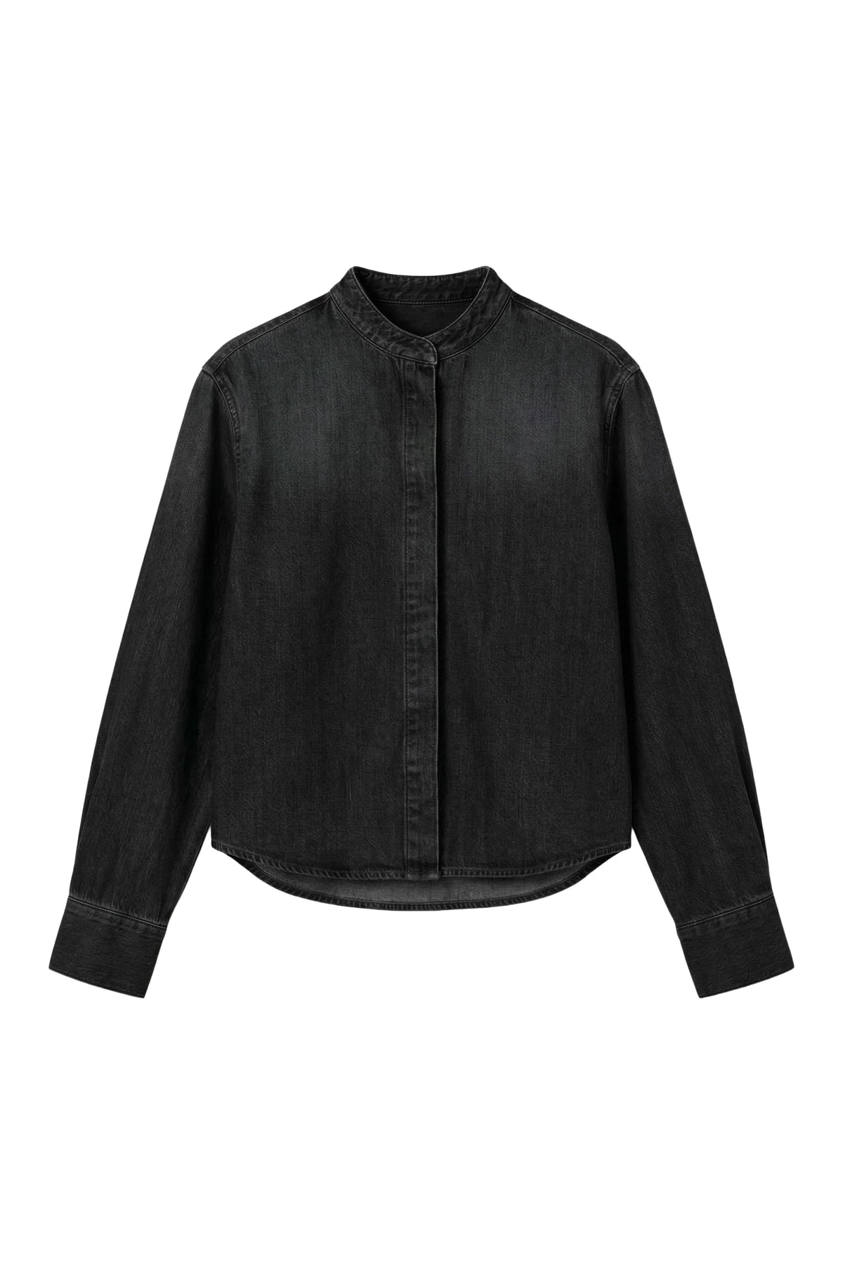 A black long-sleeve button-up shirt with a mandarin collar, shown flat against a solid white background.