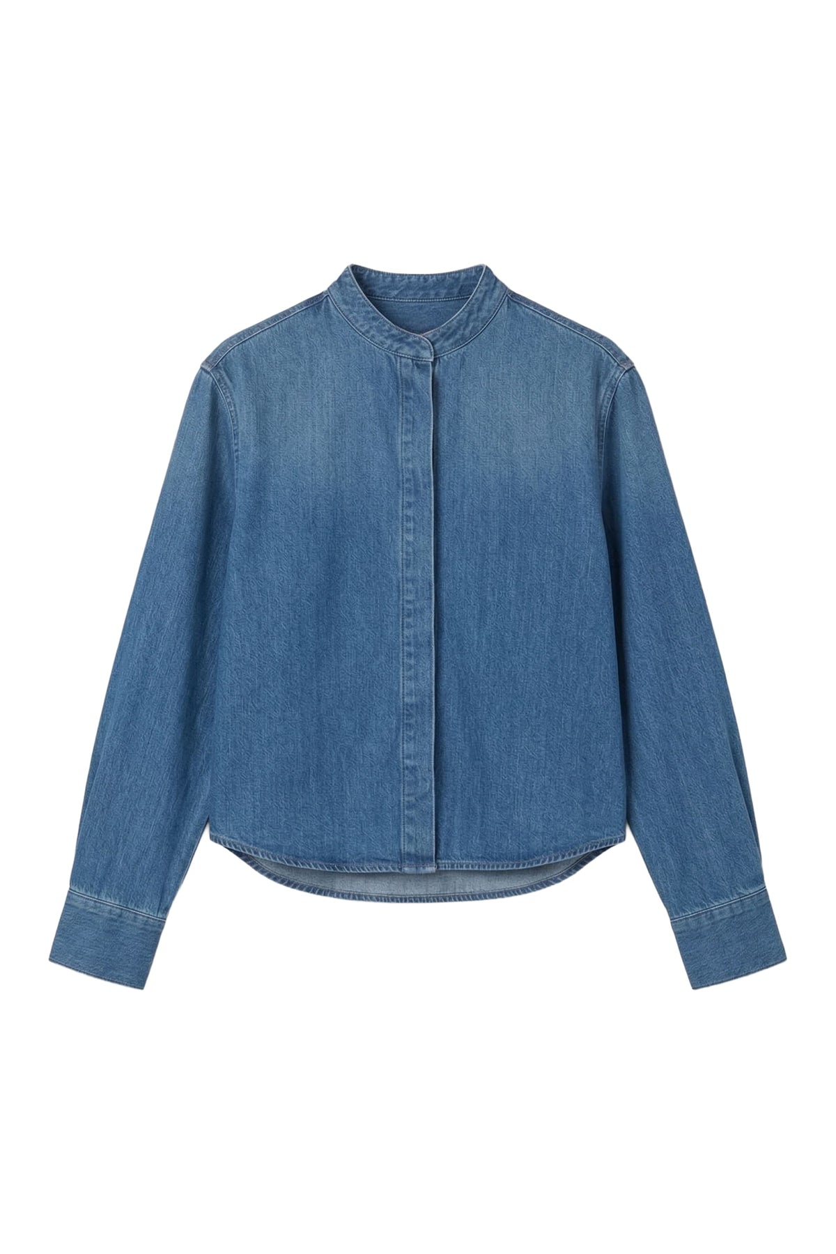A blue denim long-sleeve button-up shirt with a mandarin collar, shown flat against a plain white background.