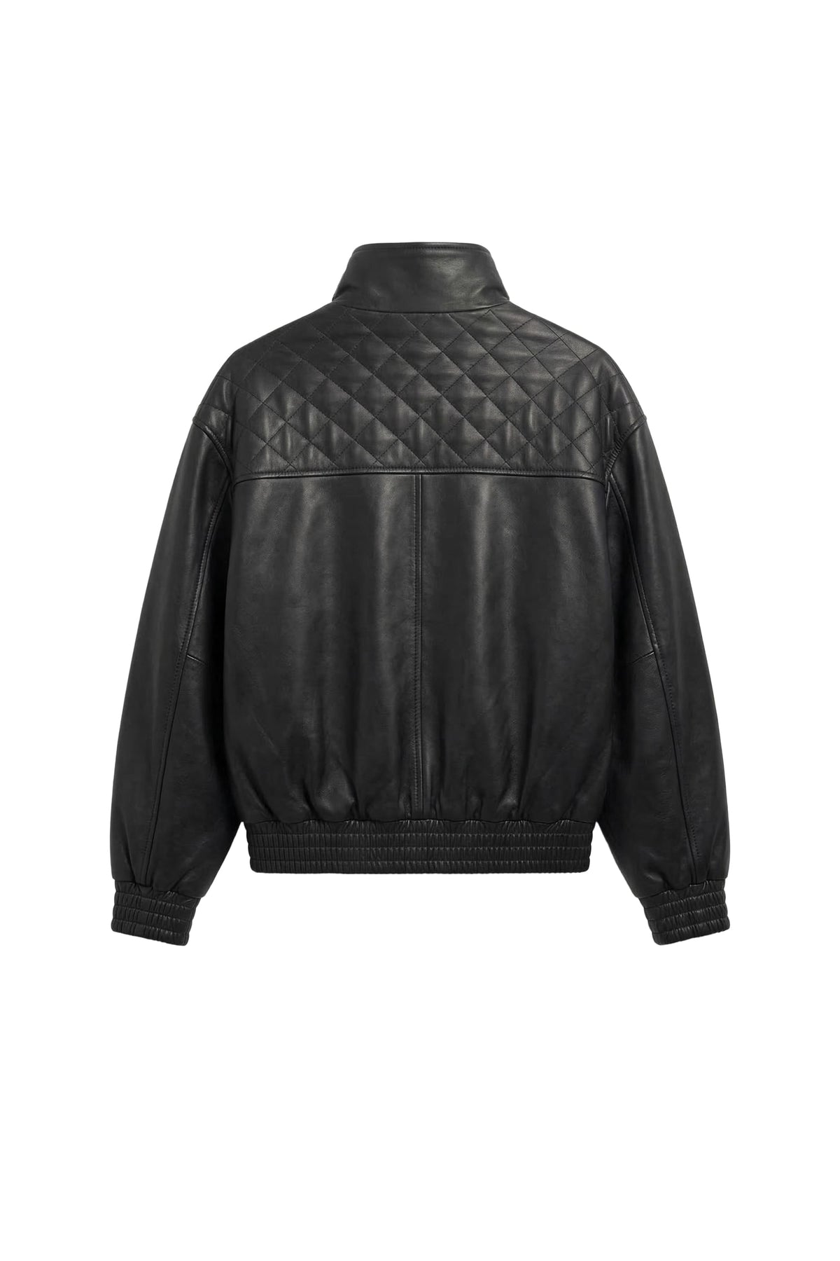 Black leather jacket shown from the back, featuring a quilted diamond pattern across the upper back and shoulders, a high collar, and ribbed cuffs and hem.