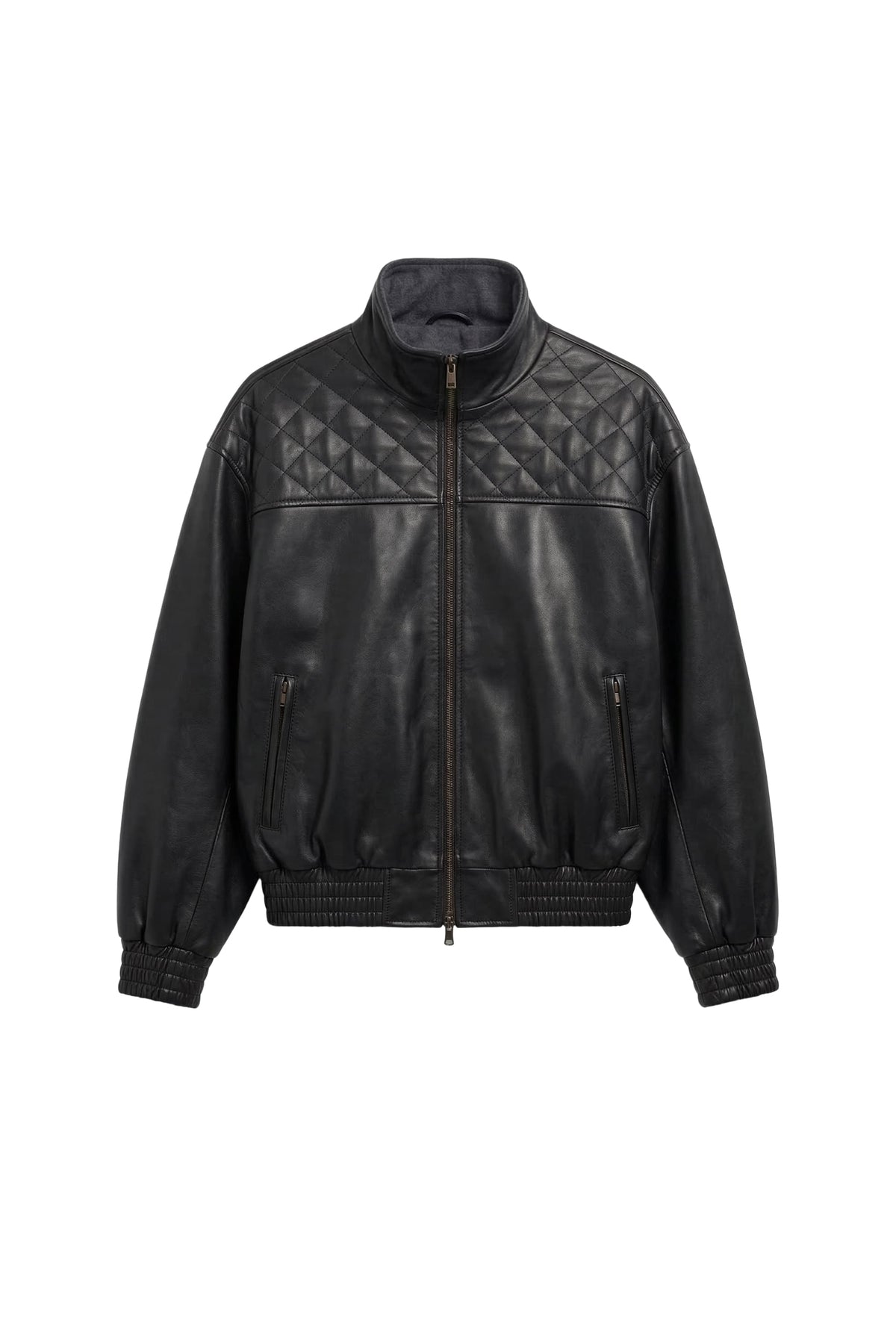 A black leather jacket with a quilted diamond pattern across the upper chest and shoulders, a full-length front zipper, and ribbed knit cuffs and hem, shown against a plain white background.