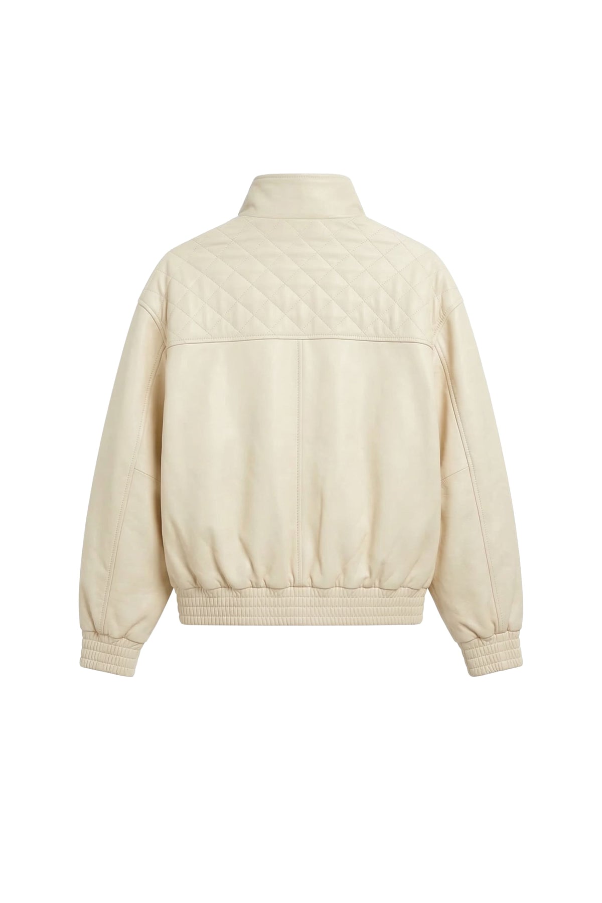 A cream-colored jacket shown from the back, featuring a quilted diamond pattern across the upper back and ribbed knit trim at the collar, cuffs, and hem.