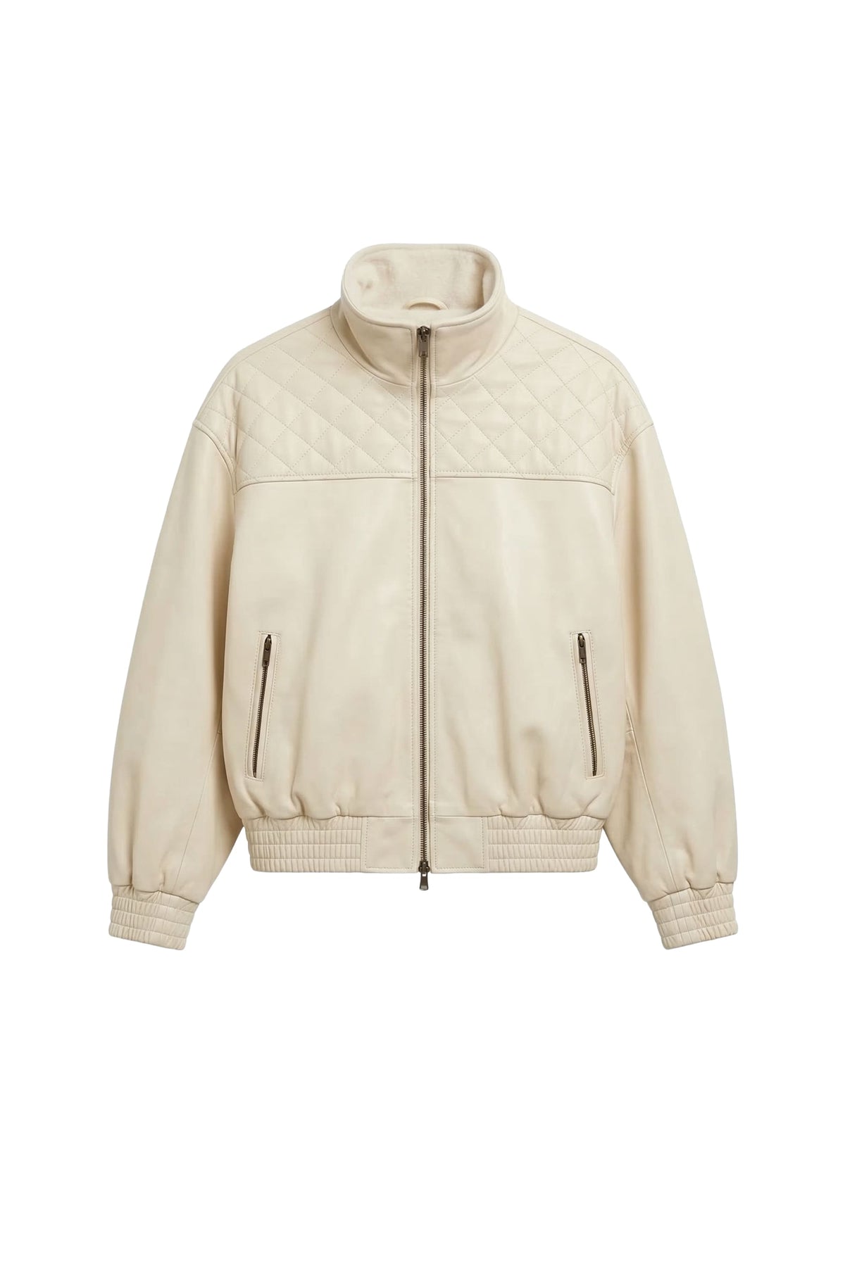 A cream-colored faux leather jacket with quilted diamond stitching across the chest, a mock neck, and zippered hand pockets, shown on a plain white background.