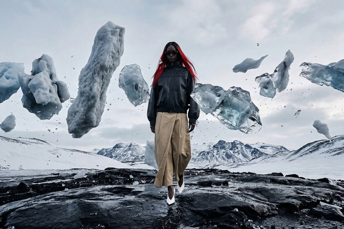 A model with bright red hair walks forward on a black volcanic rock surface toward the camera, wearing a black jacket and a long beige skirt, set against a dramatic icy landscape with floating ice chunks and snowy mountains.