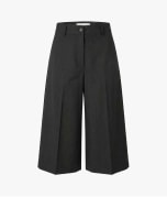Black wide-leg cropped pants with a high waist and front button closure, shown against a plain light gray background.
