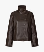 A dark brown faux-leather jacket with a high stand-up collar, asymmetrical button closure, and ribbed sleeve panels, shown against a plain white background.