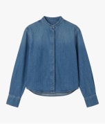 A blue denim long-sleeve button-up shirt with a band collar, shown against a plain white background.