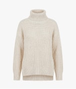 A cream-colored knit mock neck sweater with a textured cable pattern, shown against a plain white background.