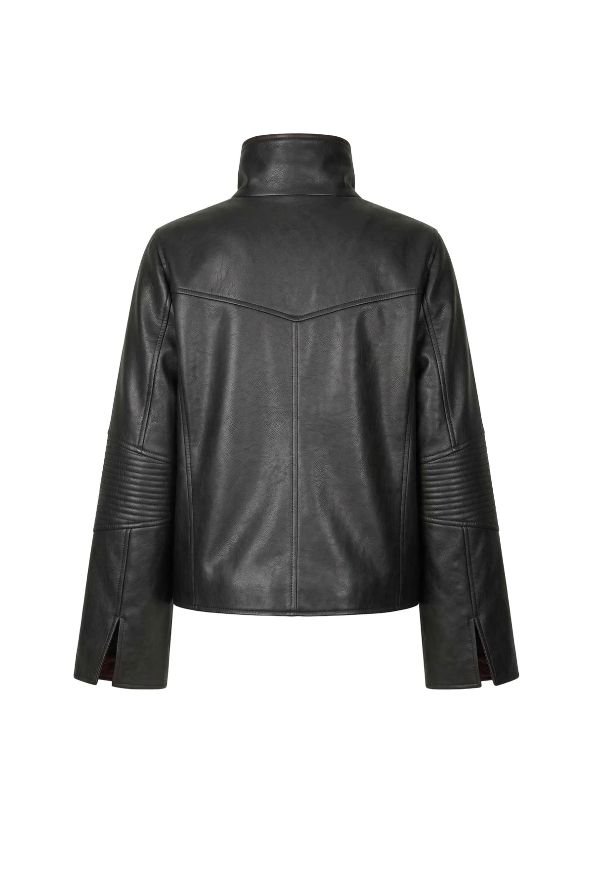 A black leather jacket with a high mock neck collar, shown from the back on a solid white background.