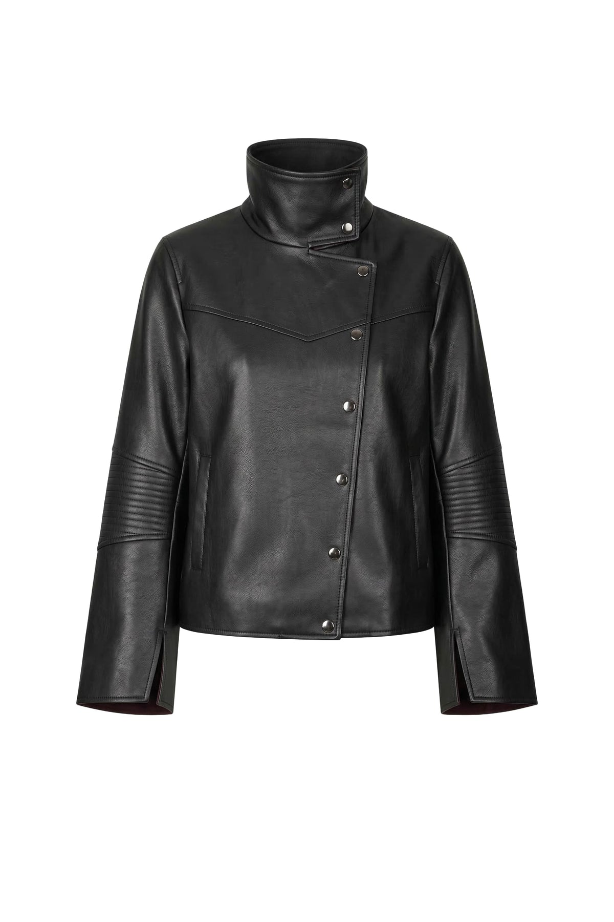A black leather jacket with a high mock neck, asymmetrical snap button closure, and ribbed sleeve detailing, shown against a plain white background.