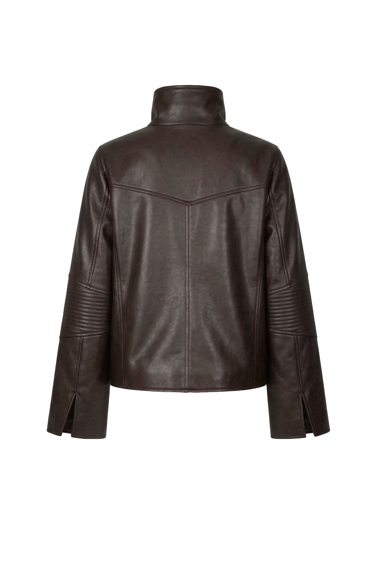 A dark brown leather jacket with a high mock neck collar, shown from the back on a plain white background.